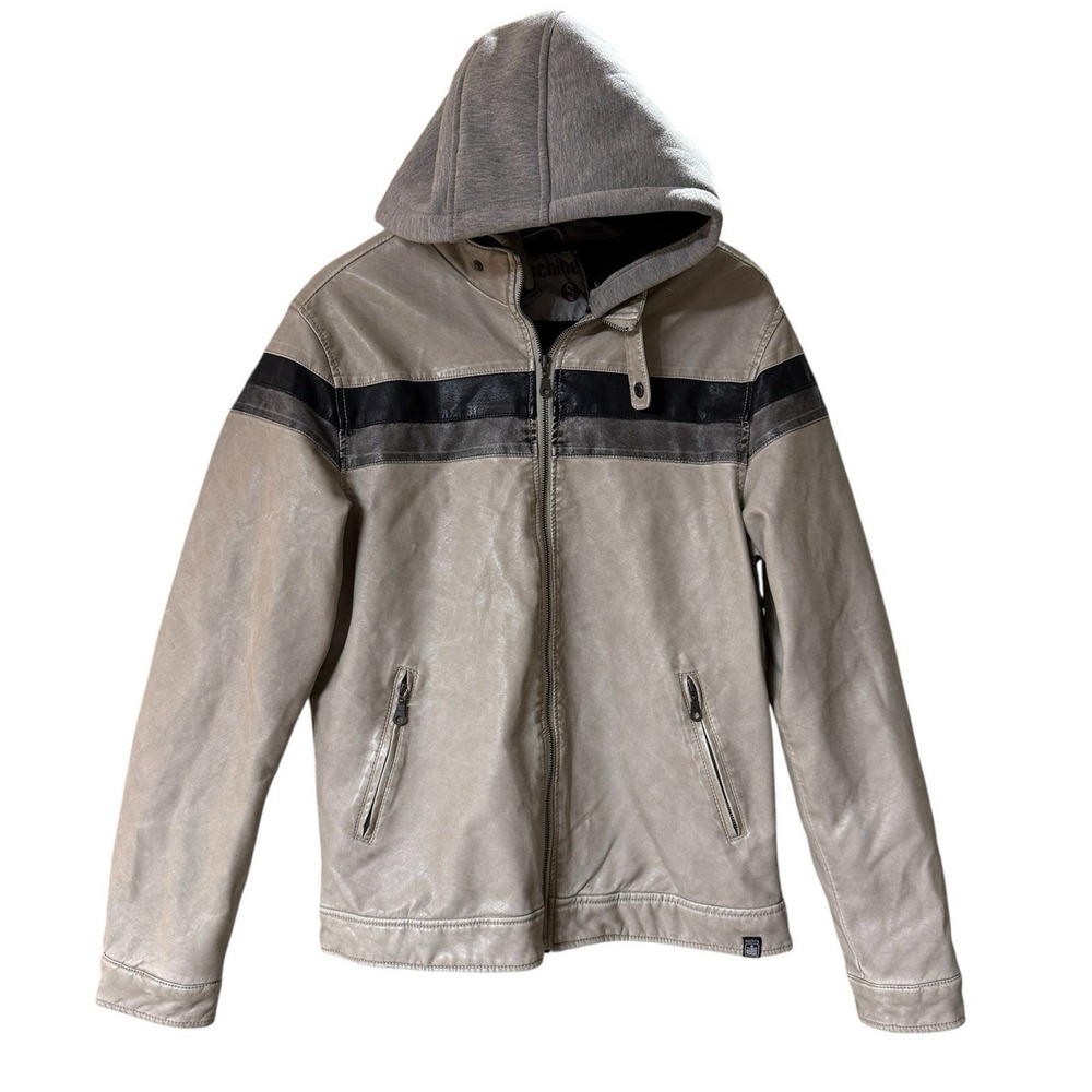Machine Faux Leather Jacket Mens‎ Small Beige Vintage Hooded Sherpa Lined Moto